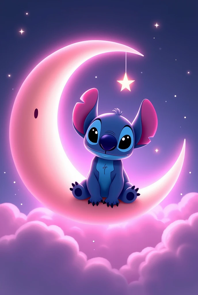 stitch (Lilo y stitch) sitting on a crescent moon and a star next to it... In pink with purple anime type white background