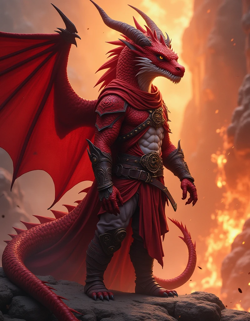 Create a 7ft male red dragon RPG character, with epic background