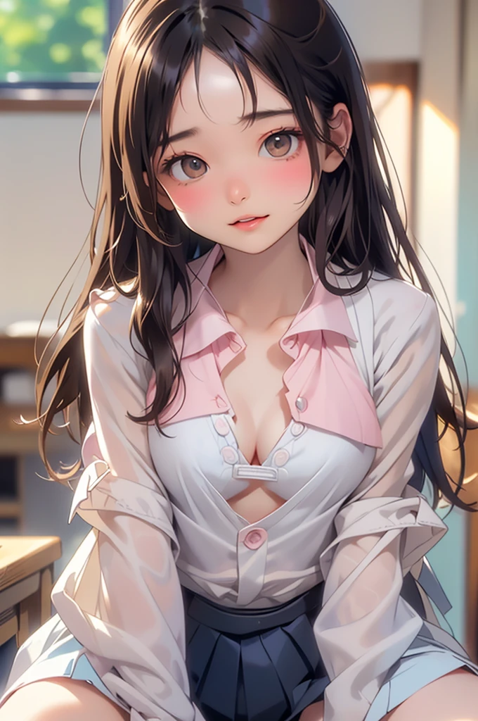 (Tabletop, Highest quality:1.2), 8k,LD, 85mm, Official Art, RAW Photos, Absurd, ((White see-through blouse)), Cute Face, ((Shooting from knee to overhead)), beautiful girl,(Light brown eyes:1.3) , (Navy Pleated Skirt:1.1), ((Plump breasts:1.5)),((Narrow waist:1.5)), ((I can see your thighs)), (No sleeve), classroom,(Brown Hair:1.3), Long Hair、(Putting out your forehead:1.2),Gaze at the photographer, (light makeup), (smile:0.4), Film Grain, chromatic aberration, Sharp focus, Face Light, Bright lighting, , Detailed face, Background Blur, (Cleavage:1.8),(Wide open chest:1.5),(No bra),(Pink nipples),日本の学校のclassroom、classroom,

