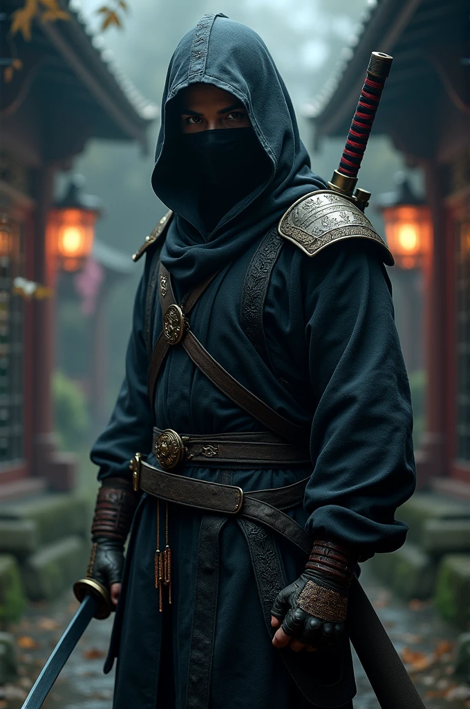 Ninji in samurai costume and sword in back
