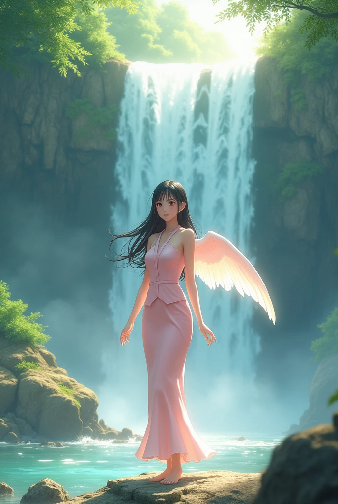 A stunning anime girl with long, straight dark hair and a gentle expression wears a light pastel pink suit dress, elegantly tailored to showcase her figure. She stands at the base of a breathtaking waterfall, her wings partially unfolded, glowing softly in the sunlight that filters through the trees, casting dappling shadows on the ground.