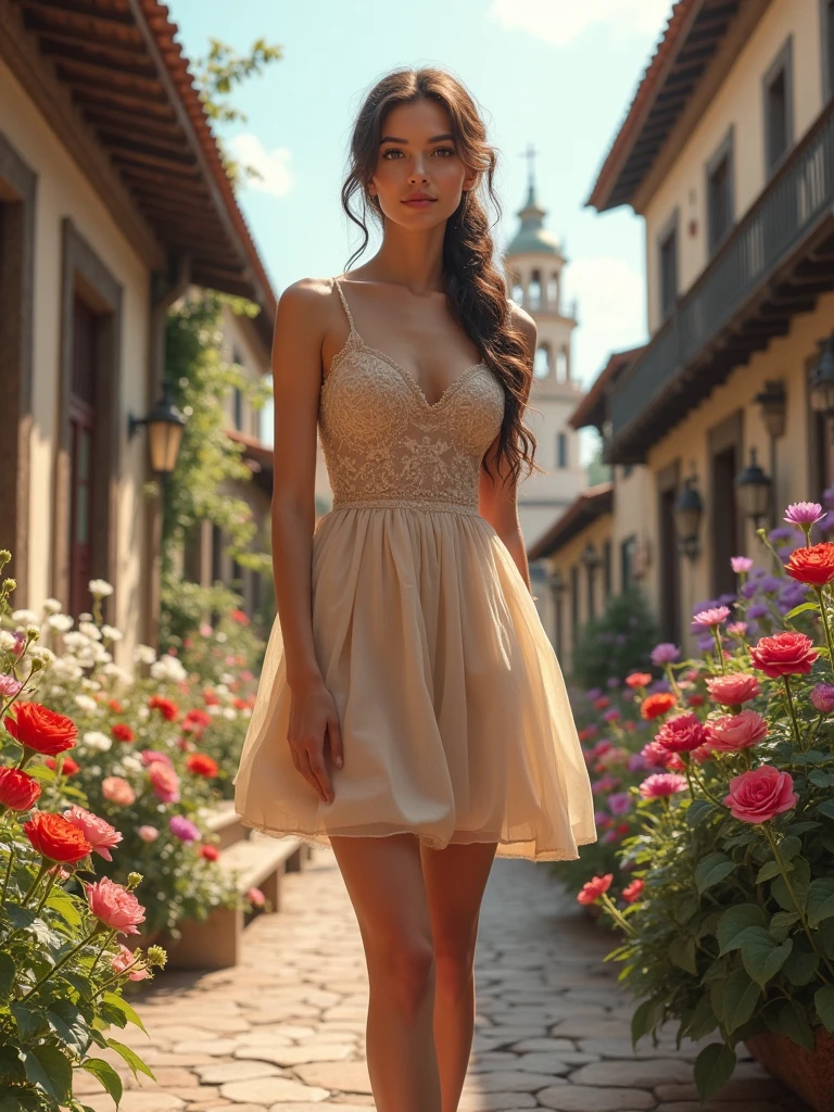 beautiful woman from the Colonial era, with a short dress, streets with lots of flowers