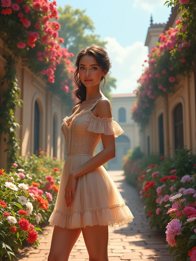 beautiful woman from the Colonial era, with a short dress, streets with lots of flowers