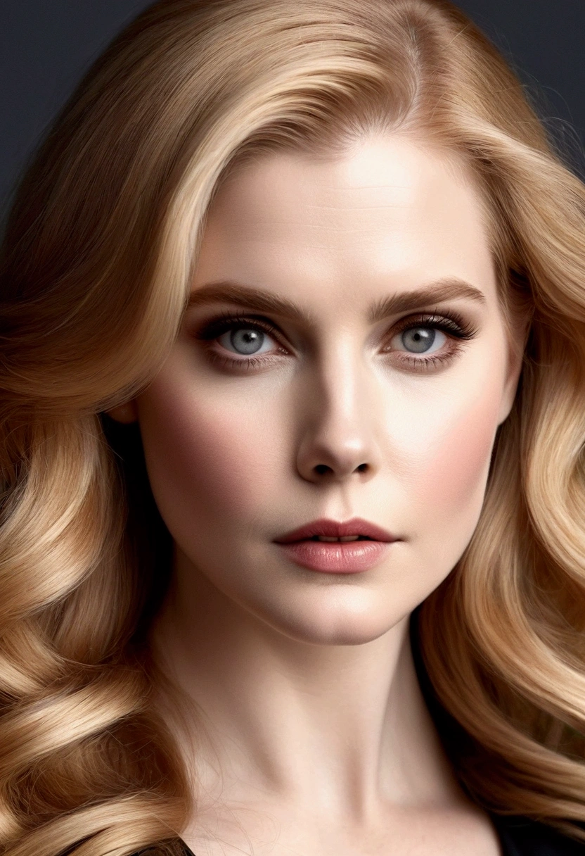 HYBRID FACE BETWEEN HELENA KAMPOURIS AND AMY ADAMS, VERY PALE SKIN, HIGH CHEEKBONES, ROSY CHEEKS, MENTAL FORAMEN, GORGEOUS LIPS, GRAY EYES, LONG BLOND HAIR, DIFFUSED DAYLIGHTS ON FACE, BLACK CACKGROUND, MASTERPIECE