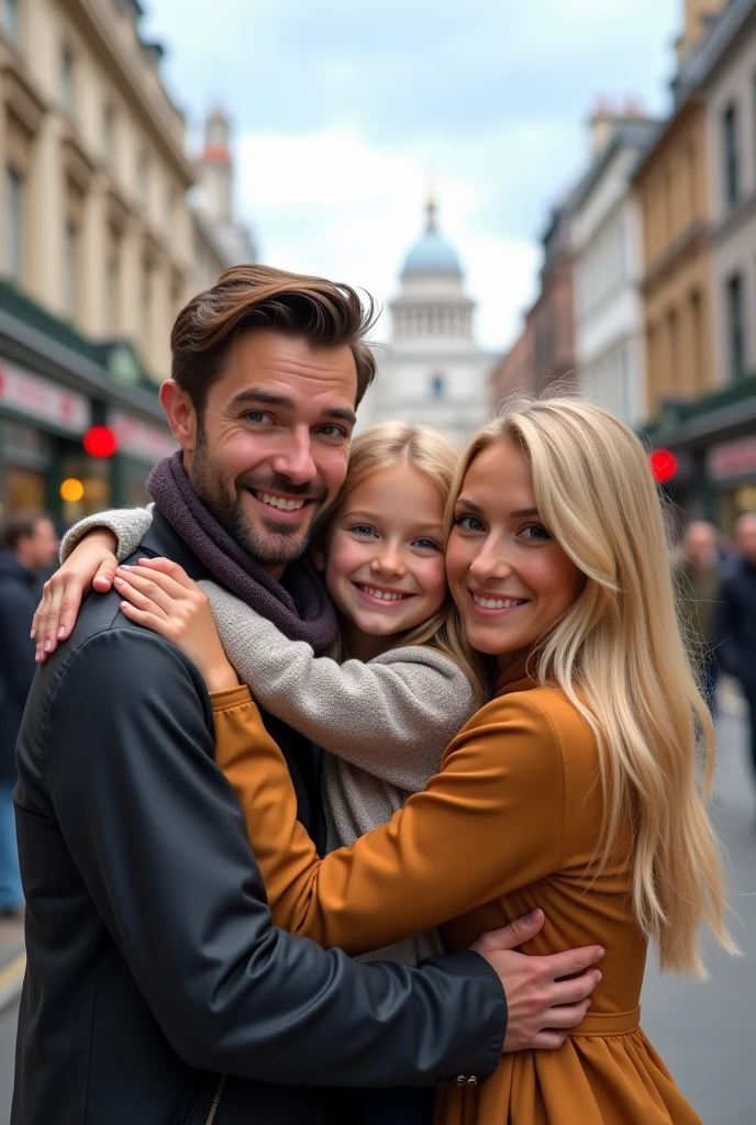 Blonde  , blue eyes very long hair hugging her father, brown hair and eyes and her mother blonde green eyes long hair taking a selfie on the streets of London 8k ultra realistic