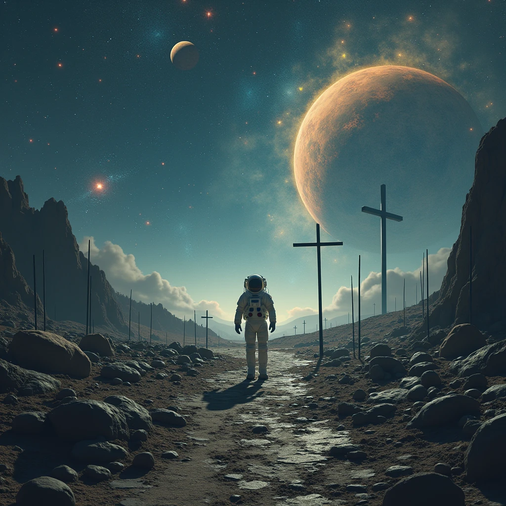 in outer space, stars , galaxies , planets , a rocky path with thorns, spears stuck in the ground, clothing on the floor, A crown of thorns on the floor and at the end of the road a cross , an astronaut