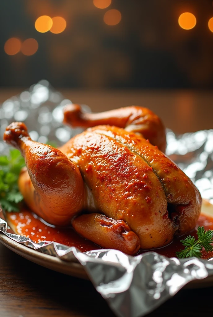 Lunch solved with chicken on a metallic cloth