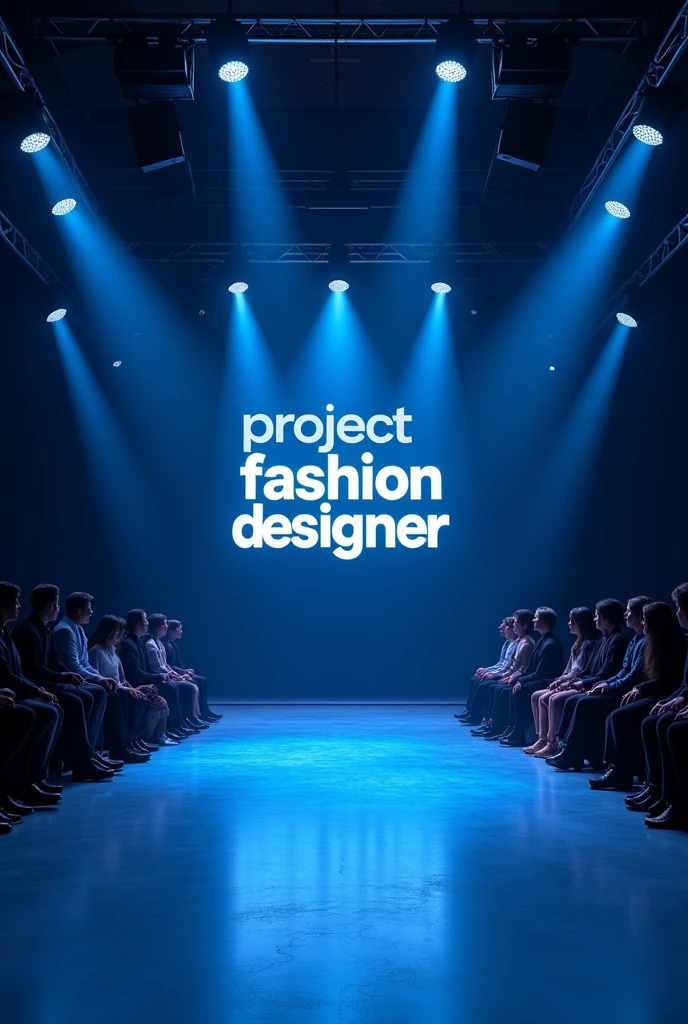 stage for fashion collection front view with a screen with the words “Project Fashion Designer” in 3D authentic dark blue . The stage has a modern, luxurious, trendy feel, magnificent and splendid .There are lights and flash