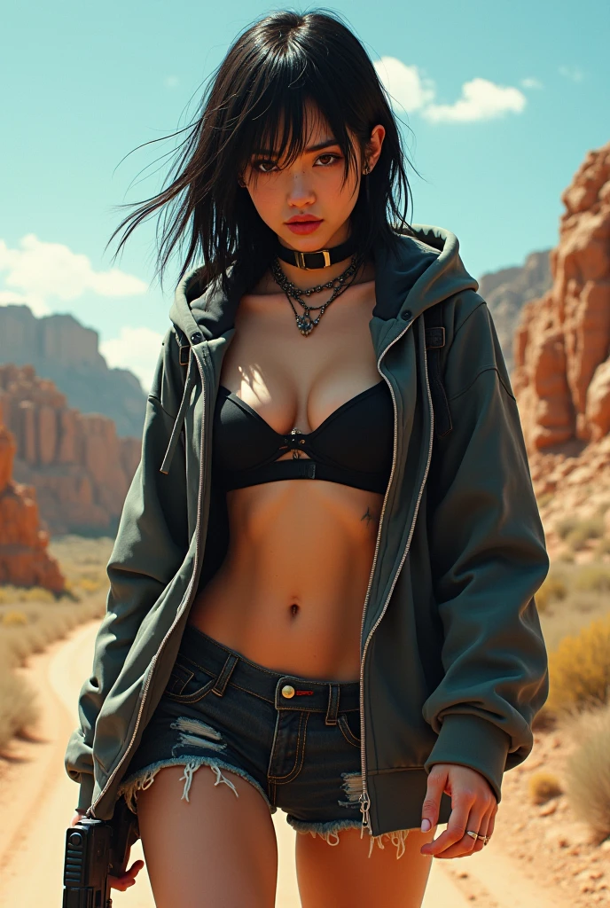 (masterpiece), (4k), (fujiflm), (16k), (CanonCamera) , Visually captivating artwork, with skillful use of color, composition, and light. Innovative artwork, showcasing unique and imaginative concepts, (Colourful elements) , (C-Cup Breast Braless) hyper-detailed photo realistic , (Long Bobhaircut) , detailed , (walking towards viewers) , (wearing long dark grey hoodie without bra and lower punk style) , (holding a gun) , Emotionally resonant artwork, effectively conveying a narrative, Momentum-aligned artwork, (distance Shot) , (sweat skins) , (off road) , reflecting a sense of movement and progress. Skillfully crafted artwork, demonstrating meticulous detail and technique. 