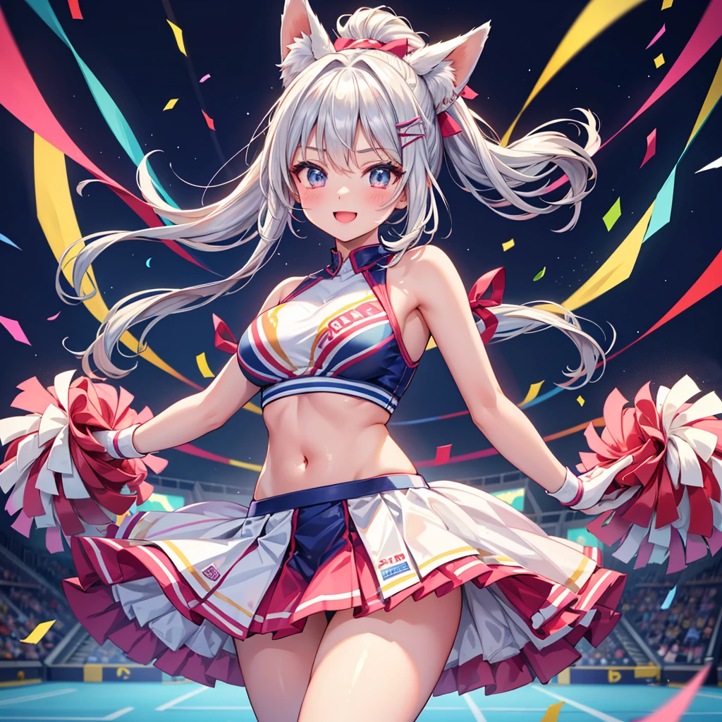 "Masterpiece, ultra high quality, hyper-detailed, high resolution, 4k, 8k, extremely detailed. A beautiful fox-eared girl with flowing silver hair, wearing a cute hairpin and hair accessory. She is dressed in a cheerleader outfit that reveals her midriff, energetically dancing and cheering. Confetti is fluttering around her. The background is a daytime sports field.pom pom ¥(cheer leading¥)、A beaming smile,