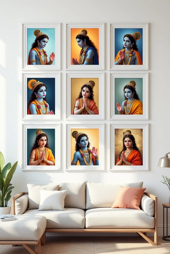 A bunch of krishna art in 9 frames mounted on the white wall for branding