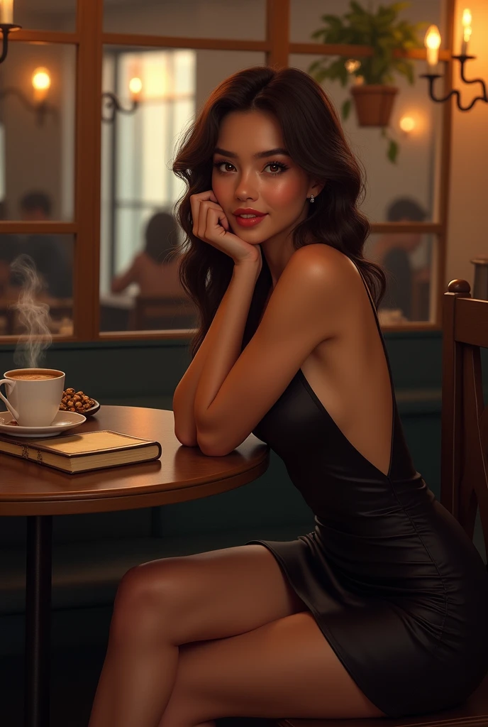 A sultry and intimate scene set in a cozy café, softly lit by the warm glow of afternoon light. The model is wearing a sleek, form-fitting dress that accentuates her figure, sitting at a small table in a virtual girlfriend pose. She leans slightly forward, her elbows resting on the table, with one hand gently supporting her chin as she gazes directly at the camera with a warm, flirtatious smile. Her legs are crossed elegantly under the table, exuding both confidence and allure. The café background is cozy and inviting, with soft lighting, a steaming cup of coffee, and subtle details like a book and a small vase of flowers on the table. The overall mood is one of intimate connection and playful sensuality, capturing the model's captivating presence and the charming, relaxed atmosphere of the café