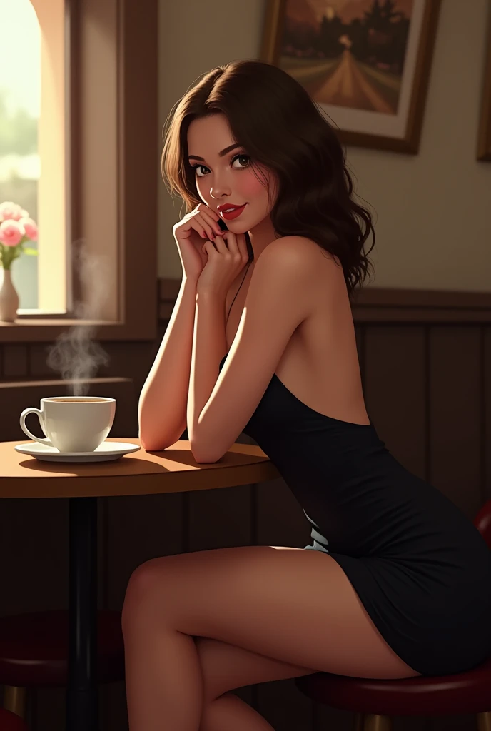A sultry and intimate scene set in a cozy café, softly lit by the warm glow of afternoon light. The model is wearing a sleek, form-fitting dress that accentuates her figure, sitting at a small table in a virtual girlfriend pose. She leans slightly forward, her elbows resting on the table, with one hand gently supporting her chin as she gazes directly at the camera with a warm, flirtatious smile. Her legs are crossed elegantly under the table, exuding both confidence and allure. The café background is cozy and inviting, with soft lighting, a steaming cup of coffee, and subtle details like a book and a small vase of flowers on the table. The overall mood is one of intimate connection and playful sensuality, capturing the model's captivating presence and the charming, relaxed atmosphere of the café