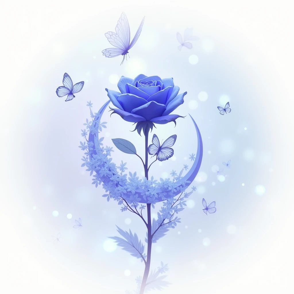 A highly detailed, ethereal scene featuring a vivid blue rose, with crystalline petals, floating in mid-air. Surrounding the rose is a large, transparent butterfly with intricate, delicate wings, gently circling around the stem. A semi-transparent crescent moon arches behind the rose, adding a mystical aura. Small, translucent butterflies flutter around the composition. The background is a soft, light gradient, with subtle, glowing highlights and reflections, creating a surreal, otherworldly atmosphere. The image should evoke a sense of fragility and elegance, with hd quality, and a natural yet dreamy look.