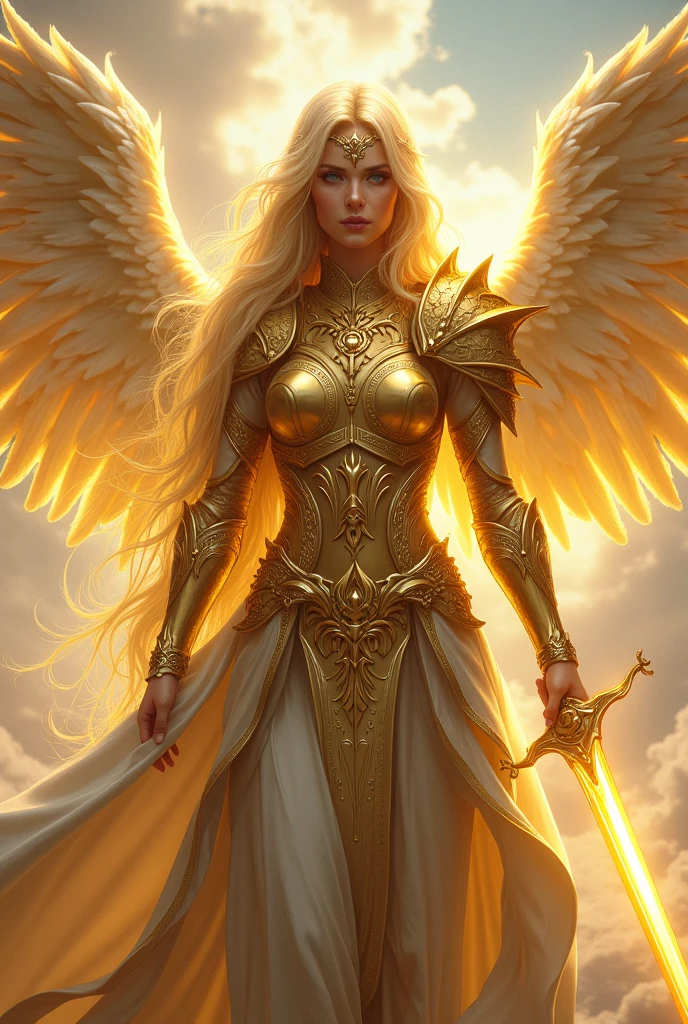 Female elf Paladin aasimar blond hair blue eyes with wings and golden crown armor and sword
