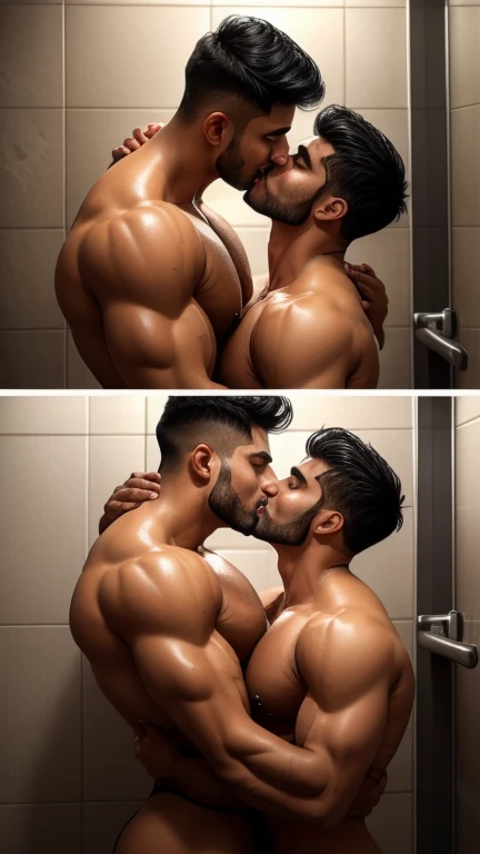 Pehlwan man Indian Gurjar gay couple wetty mouth to mouth tounge to tounge kissing and sucking lower lip, bitting lower lip during kissing saliva dripping from mouth with big shinning eyes big lips wide jawline beautiful hunk face spiky black hairstyle, seductive kissing in bathroom during water running from shower, seductive moments, erotic, exotic kissing, hot kissing poses, head tilted back