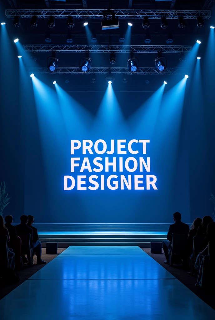 Big stage for fashion collection front view with a screen with the words “Project Fashion Designer” in 3D authentic dark blue . The stage has a modern, luxurious, trendy feel, magnificent and splendid .There are lights and flash