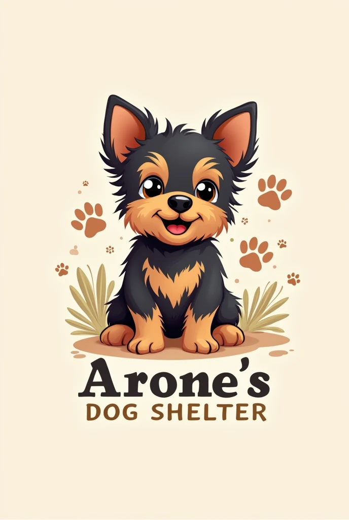 A logo of a cute black and tan yorkie for a dog shelter named "Arone's Dog shelter"