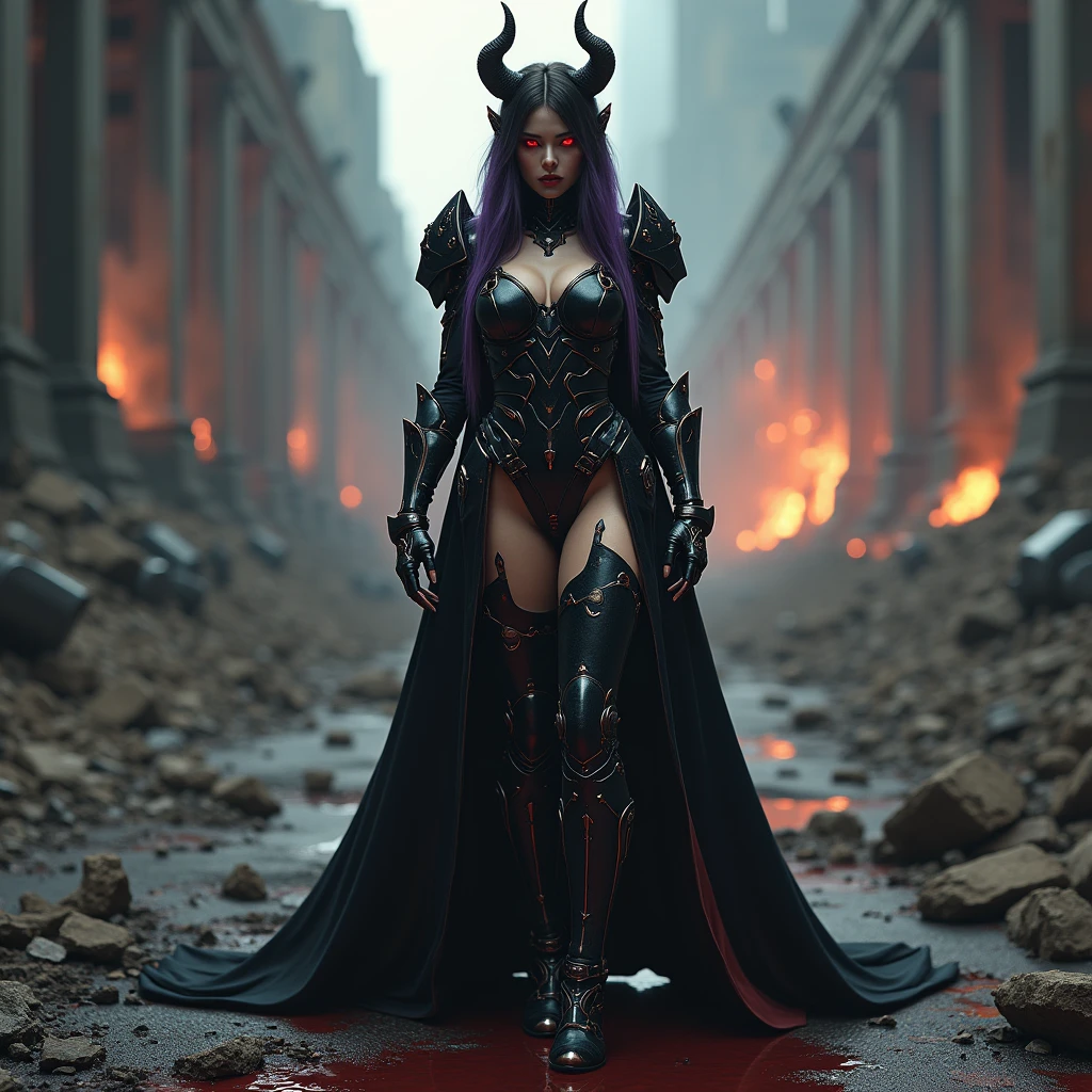 full body pose, wearing a mechanical suit, high heel boots,Mechanical wonder, Cyberpunk, Cybernetic Guardian, futuristic black armor, full body, front pose, symmetry, intricate (steel metal [rust]), joints, warframe style, cyborg, Most beautiful female body and revealing armor, large breast, seductive, temptation, eat your soul, cleavage, covered in blood, long flowing black hair with purple highlights, heavy gothic makeup, sith queen, evil empress, red glowing eyes,, demon horns, at night, blood puddles on the ground, wartorn empty ruins, stiletto heels, Holding a black and red laser sword, full body action pose, full body combat pose, full war around her, explosions and fire, most beautiful stiletto heel armor boots