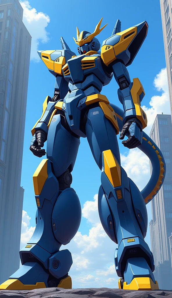 Anime Style, Giant Robot, A full-body image of a navy blue and yellow female super robot resembling a Borshack dragon universe, Battleship,