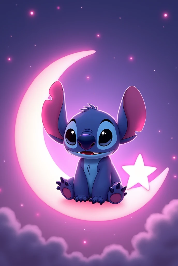 stitch (Lilo y stitch) sitting on a crescent moon and a star next to it... In pink with purple anime type white background