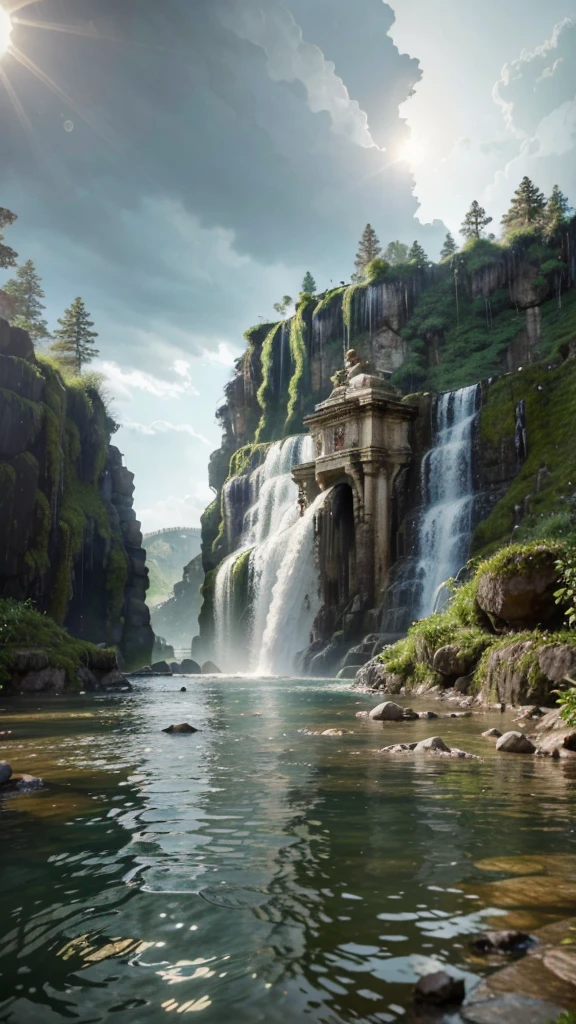 ((best quality)), ((masterpiece)), (detailed), perfect there is a pool with a waterfall in the middle of it, concept art inspired by Jens Ferdinand Willumsen, polycount contest winner, massurrealism, a pool inside the giant palace, unreal engine. retro film still, submerged temple ritual scene, water temple, brutalist waterfall environment, underwater temple, submerged temple scene, an eerie whirlpool with a water slide. Add rain effect. Add nostalgic filters and film grain. Hollywood style. 8k Render. Breathtaking, the mood is relaxed and inviting. Add solar flares. Add luxury touches to the image. Premium quality,abandoned ancient statue,Moss,root,