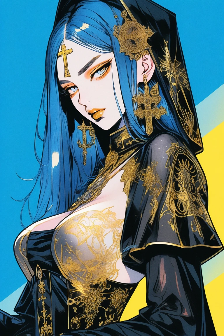 Illustrator, anime , Realistic ,sketch , 1 person, model, Age 25, lip, Sexy and revealing black and gold sheer priest dress（Holy Gun）, order, Blue and gradient background, Neon Hair, Big Breasts, Her cleavage is visible, look back, Upper body close-up, Sexy look, Texture Trim, Russia, (masterpiece,Highest quality)
