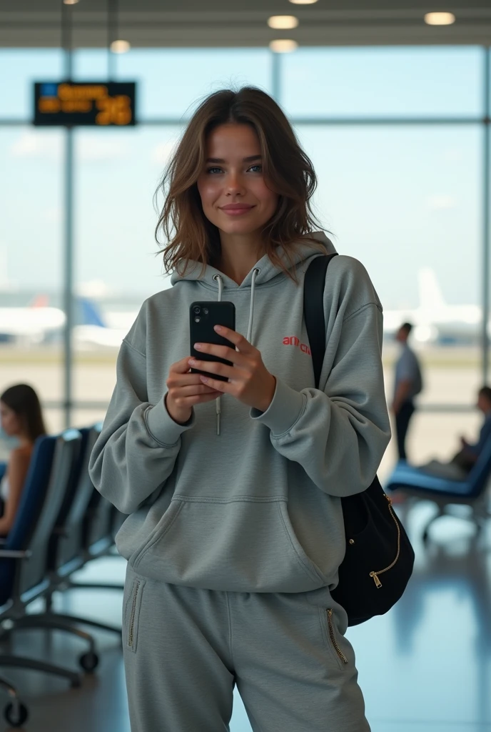 A young Caucasian woman in her twenties with slightly wavy, shoulder-length brown hair is standing in a modern airport. She is wearing a comfortable light gray jogging set with the discreet logo of a sports brand on the chest and left leg. The top is a slightly oversized hoodie, and the bottom is fitted waist jogging pants with zippered pockets. Her hair is left natural, falling freely around her face, framing her delicate features. She holds a small black travel bag over one shoulder and her smartphone in one hand, capturing a photo of herself in front of a large picture window at the airport. His expression is relaxed and happy, with a slight smile. Behind her, we see the bustle of the airport: travelers with suitcases, flight display screens, and waiting seats. Through the bay window, we can see several planes parked on the tarmac, as well as runway vehicles. Natural morning light gently illuminates the interior of the airport, creating a realistic and dynamic ambiance.