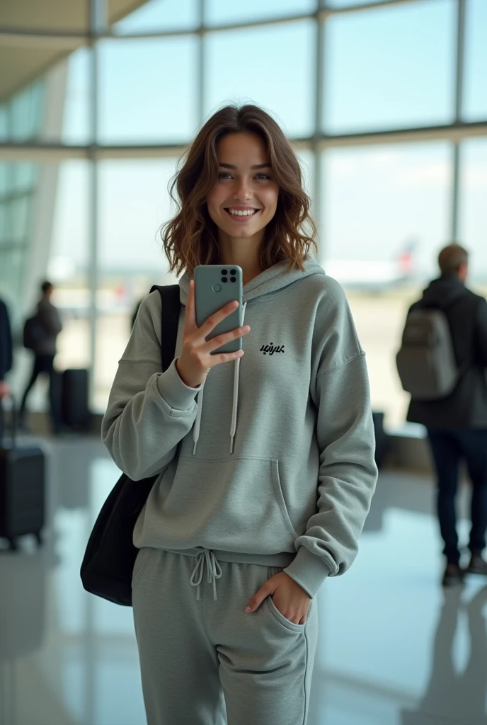 A young Caucasian woman in her twenties with slightly wavy, shoulder-length brown hair is standing in a modern airport. She is wearing a comfortable light gray jogging set with the discreet logo of a sports brand on the chest and left leg. The top is a slightly oversized hoodie, and the bottom is fitted waist jogging pants with zippered pockets. Her hair is left natural, falling freely around her face, framing her delicate features. She holds a small black travel bag over one shoulder and her smartphone in one hand, capturing a photo of herself in front of a large picture window at the airport. His expression is relaxed and happy, with a slight smile. Behind her, we see the bustle of the airport: travelers with suitcases, flight display screens, and waiting seats. Through the bay window, we can see several planes parked on the tarmac, as well as runway vehicles. Natural morning light gently illuminates the interior of the airport, creating a realistic and dynamic ambiance.
