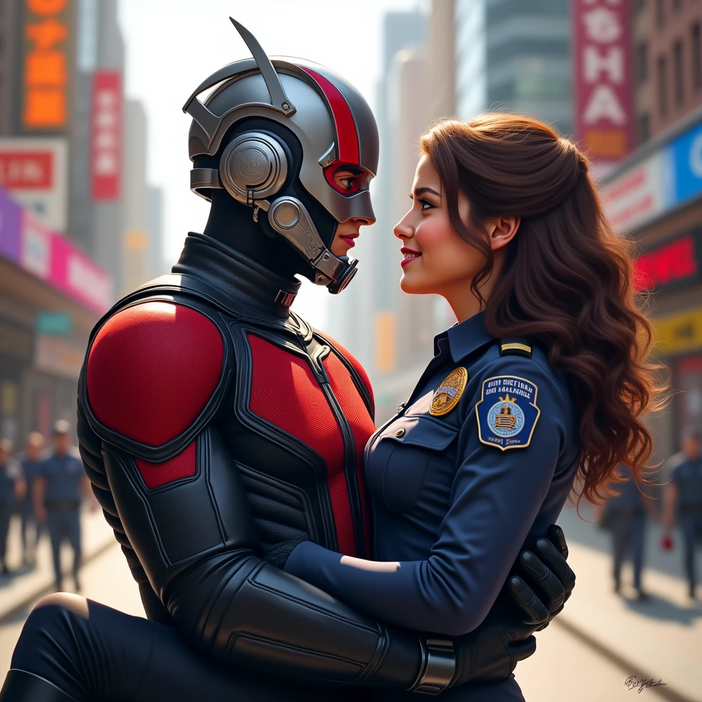 Make a photo in which Antman is holding a police girl in his arms and is flirting with her and the police girl is looking at Antman 