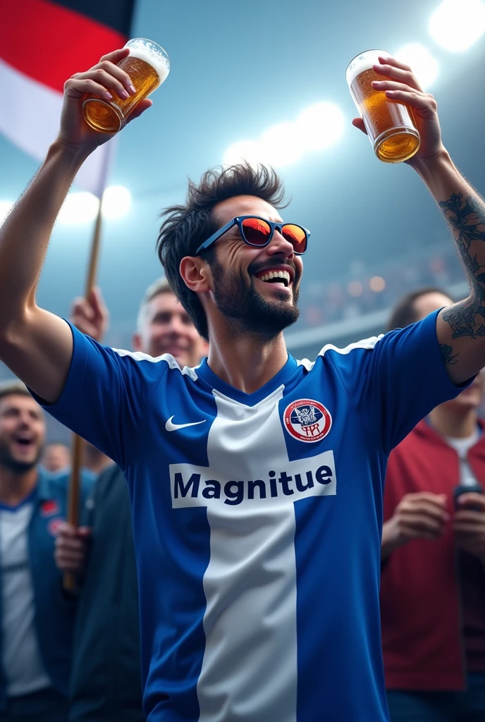 Show a Hertha Berlin football fan with flag in the stadium.
He has black hair and a beard. On his Hertha jersey is written "Magnitude". He also wears sunglasses Hertha club colors are white blue.
He has a beer in his hand