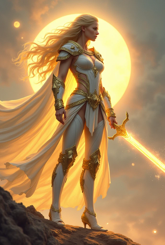 Based on a fantasy card game aspect Create a tall and athletic woman, with golden hair that emits a soft glow.
weapon: Crystallized light sword that changes shape.
aspect: weapondura de placas blancas con detalles dorados y una capa de luz fluida.
bottom: An eternal sunrise over a celestial battlefield.
Make the character that can be seen in full size in the image, and following the rules of the fund, I want the image to look like the Magic The Gathering card game..
The woman you are creating has to be full-bodied.