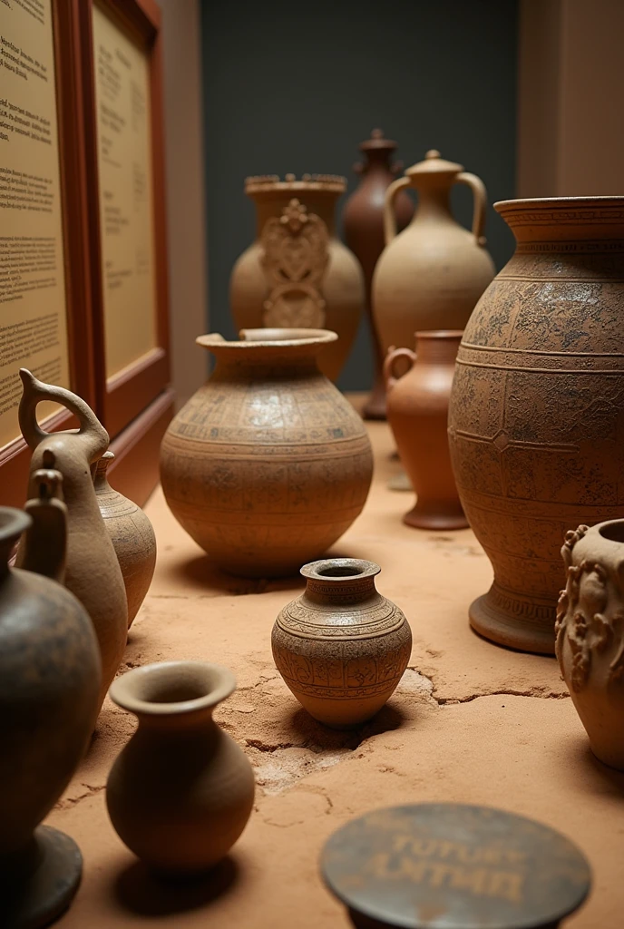 "Close-up of ancient artifacts discovered at Mahasthangarh, including pottery, sculptures, and inscriptions, displayed in a museum setting with a focus on their historical significance.