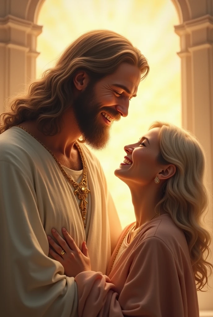 A husband and his wife are in love and are happy watching Jesus. Jesus also smile
