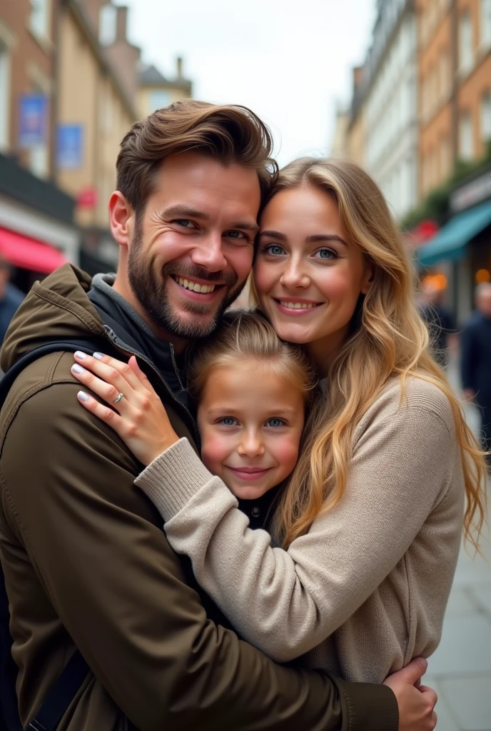 Blonde  , blue eyes very long hair hugging her father, brown hair and eyes and her mother blonde green eyes long hair taking a selfie on the streets of London 8k ultra realistic