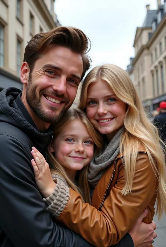 Blonde  , blue eyes very long hair hugging her father, brown hair and eyes and her mother blonde green eyes long hair taking a selfie on the streets of London 8k ultra realistic