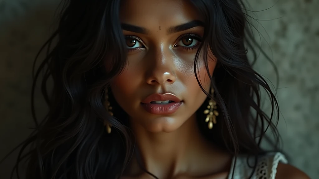 a beautiful mysterious Indian woman, Western fashion, intricate detailed face, piercing eyes, long eyelashes, delicate skin, natural beauty, flowing hair, candid elegant pose, dramatic lighting, cinematic mood, muted color palette, chiaroscuro lighting, high quality, photorealistic, 8k, intricate details, professional rendering