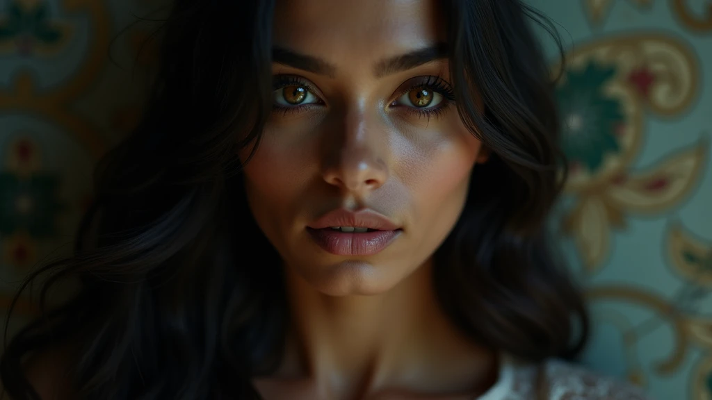 a beautiful mysterious Indian woman, Western fashion, intricate detailed face, piercing eyes, long eyelashes, delicate skin, natural beauty, flowing hair, candid elegant pose, dramatic lighting, cinematic mood, muted color palette, chiaroscuro lighting, high quality, photorealistic, 8k, intricate details, professional rendering