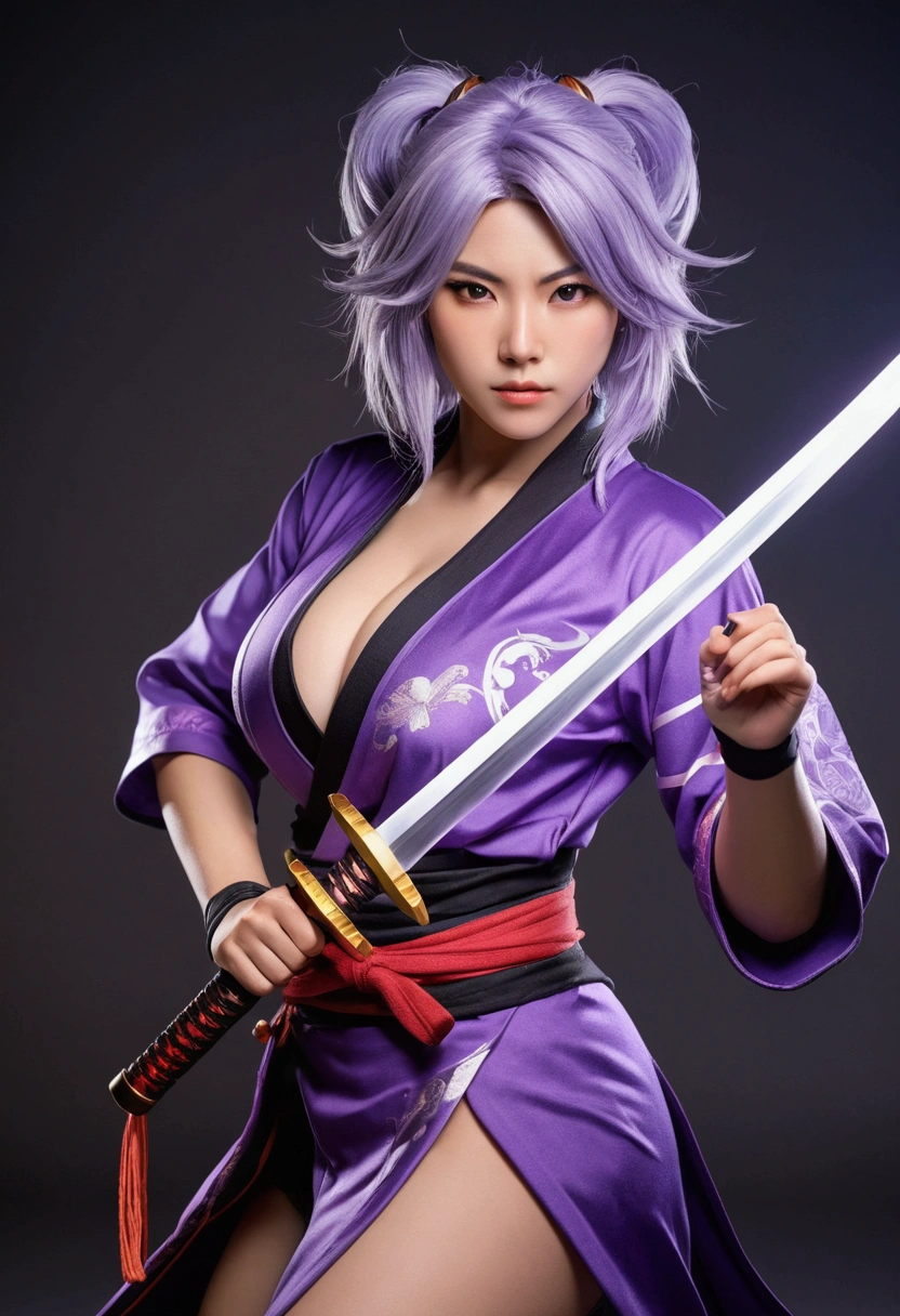 A realistic depiction of an cosplay girl, a busty, sexy girl. She is a warrior, a female character with a katana and a little bit of electrical power. Which has a sexy style of dress comparable to a warrior in a purple kimono, similar to the Raiden Genshin Impact outfit, including the katana.