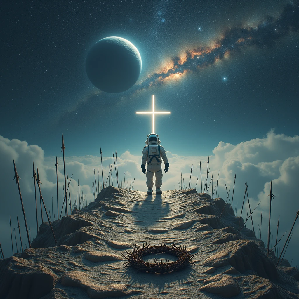 in outer space, stars , galaxies , planets , a rocky path with thorns, spears stuck in the ground, a tunic thrown on the floor, A crown of thorns on the floor and at the end of the road a cross , an astronaut