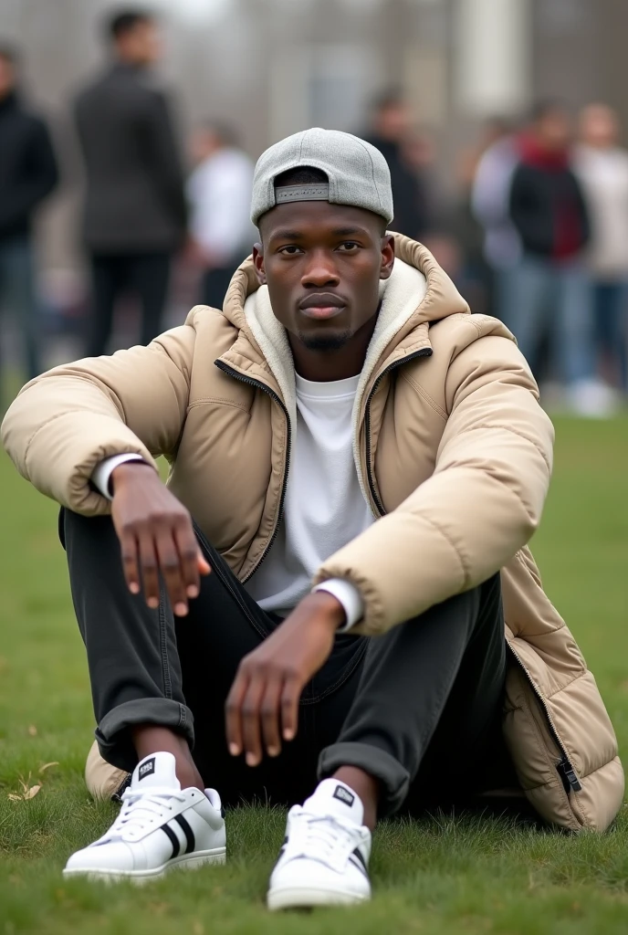 best qualityer:1.4), (ultra high resolution:1.2), (photorrealistic:1.4), (8k, CRU photo:1.2), 1 young black man, 20 years old. he is wearing a white shirt, beige puffer coat on top. He is wearing black jeans. Corte de cabelo buzzcut. He&#39;s wearing a gray cap backwards. He is wearing white Adidas sneakers. He is sitting on the grass. Corte de cabelo buzzcut. thin build. It&#39;s not blurry in the background. thin build. In the background there are movements of people and children. thin build. has 1.75 tall 