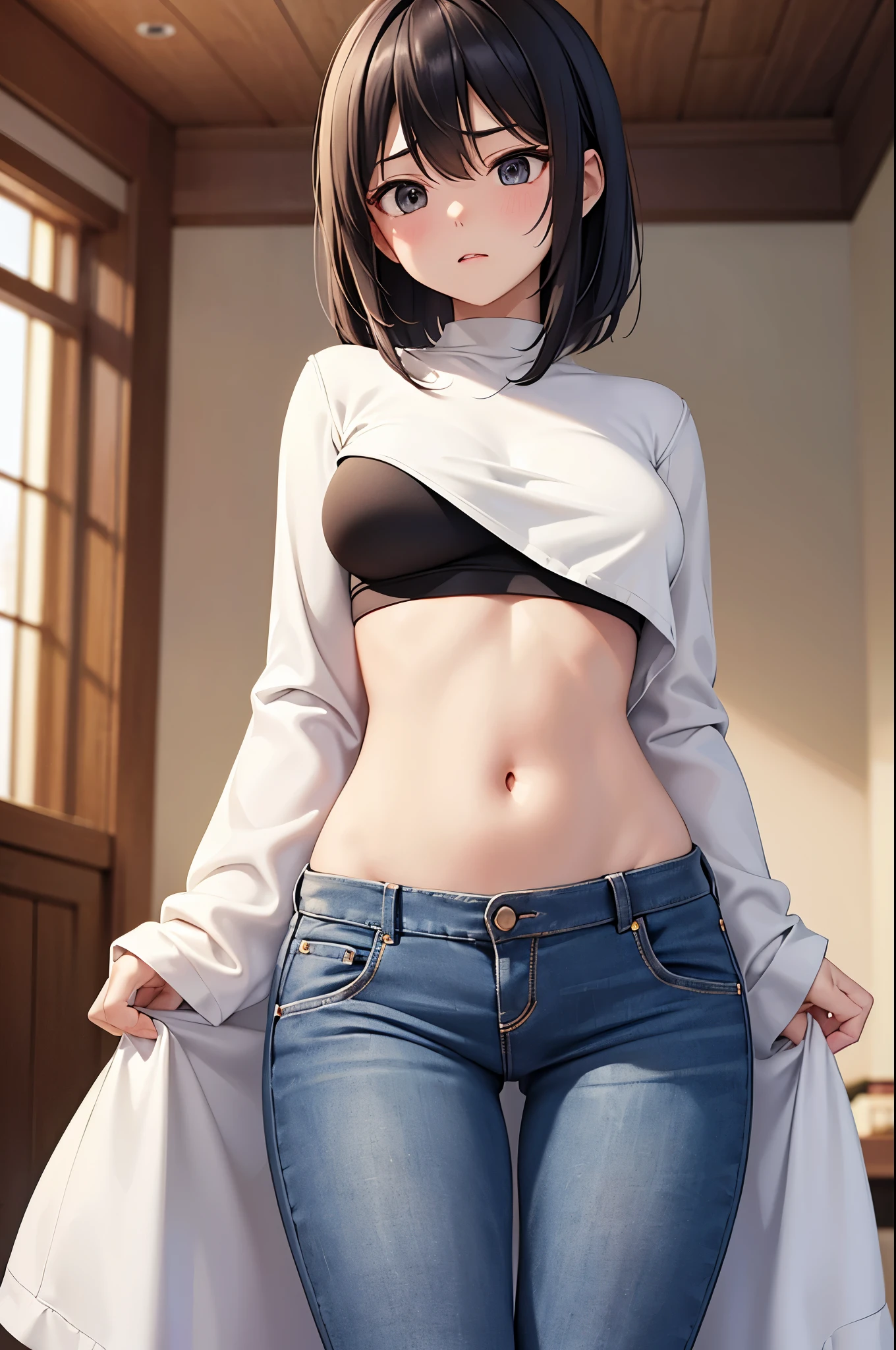 White chiffon long cardigan, crop top, black t-shirt, 1 adult woman, alone, Medium bust, belt, abdomen, looking down, living room, Blush, tooth, Blush, shy, Jeans, Slender waist, Big hips, Slender waist, Big hips, Slender waist, Big hips, ((wide เปิดหน้าabdomen))、((เปิดหน้าabdomen))、((wide Open the navel))、((Open the navel))、((abdomenเปลือย))、((Extra low waist))、 ((Navel expulsion))