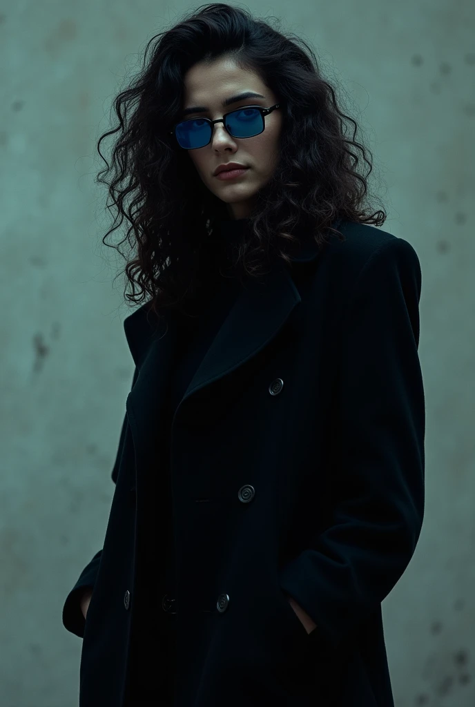 Give bodies with i character photo video editing content Long black curly hair with blue-shaded glasses A black coat with one finger slung back over the shoulder and the other hand in the pants pocket