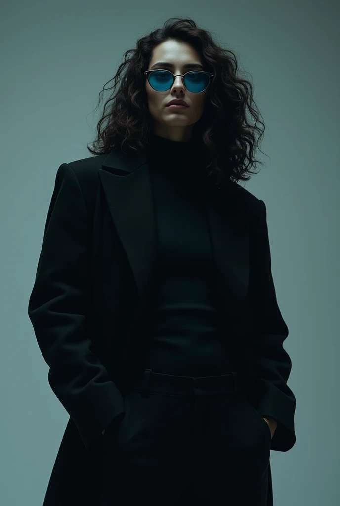 Give bodies with i character photo video editing content Long black curly hair with blue-shaded glasses A black coat with one finger slung back over the shoulder and the other hand in the pants pocket