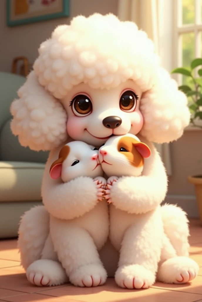 Maki a white French poodle and Theo a white ginea pig with brown spots, hugged