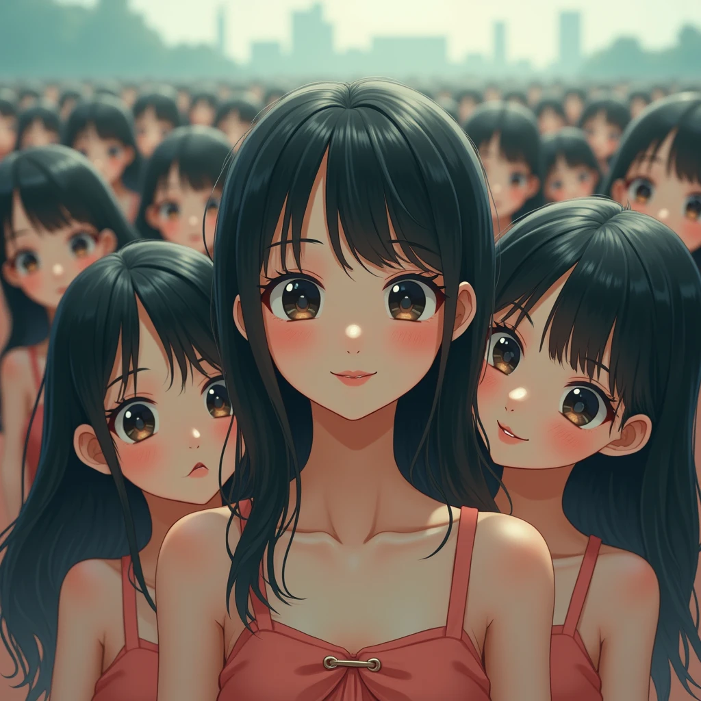 (((((Japanese Clone girls=Myself)))))), (((Best Super High quality Myself Clone girls Raw Photography Art))), (16K, Highest quality, Ultra-high resolution, RAW Photos), (((It's so unrealistic., With unparalleled depiction, With an unfathomable sight, An unprecedented and shocking worldview, Clone girls in a world of mass reproduction, Ultra-realistic))), (((Japanese, woman, 20yo, Saito-Asuka))), (Small face, ((Thick black hair, Semi-long hair))), ((V-neck short-sleeve dress)), (((((Very detailed美しい女体, Accurate body structure, Very detailed完璧な, Super busty body with very large breasts, Clearly emphasizes cleavage))))), (((Dark Eyes, Mature face, Cute Smile, A gentle gaze))), (((Her happy and smiling expression is so cute))), ((((((((Very detailed分身増殖描写, ((1girl→Myself cloning→1,000,000,000,000,000,000,000,000,000,000,000,000,000,000,000,000,000,000,000,000Myself Clone girls)))))))))), ((((((((Very detailed, The precise depiction of the proliferation of Myself Clone girls, ((With the perfectly identical bodies of Myself clone girls, With the exact same face as the Myself clone girls, With the exact same hairstyle as the Myself clone girls, In the exact same clothes as the girls who are my clones, Perfectly the same height as the Myself clone girls, Super big breasts, just like the Myself clone girls)))))))))), (((Myself clone girls only))), (((Multiple pairs, Very detailed depiction, (Myself clone girls hug each other, Myself clone girls assemble, Fun conversations with fellow Myself clone girls, A fun conversation between Myself clone girls, Myself clone girls holding hands, Walking with lots of Myself clone girls, turn around, look at me, The approaching crowd of Myself)))), (((Everyone looks at the camera))), (((Unbelievably crowded, Transcendent Myself clone girls intimately, Countless Myself clone girls surround you in 360 degrees))), (Bright, soft sunlight), (((Very wide field of view, Very detailed, Detailed ultra-perspective depiction with clear depth, super wide view))), (((((Where multiple Myself armies join together))))), (((Very photographic and detailed depiction, Myself clone girls will multiply infinitely and fill the surroundings from one side to the horizon with their bodies tightly packed together without any gaps., A scene of endless Myself clone girls, giving a happy vibe.))), (Focus on the average value of the image)