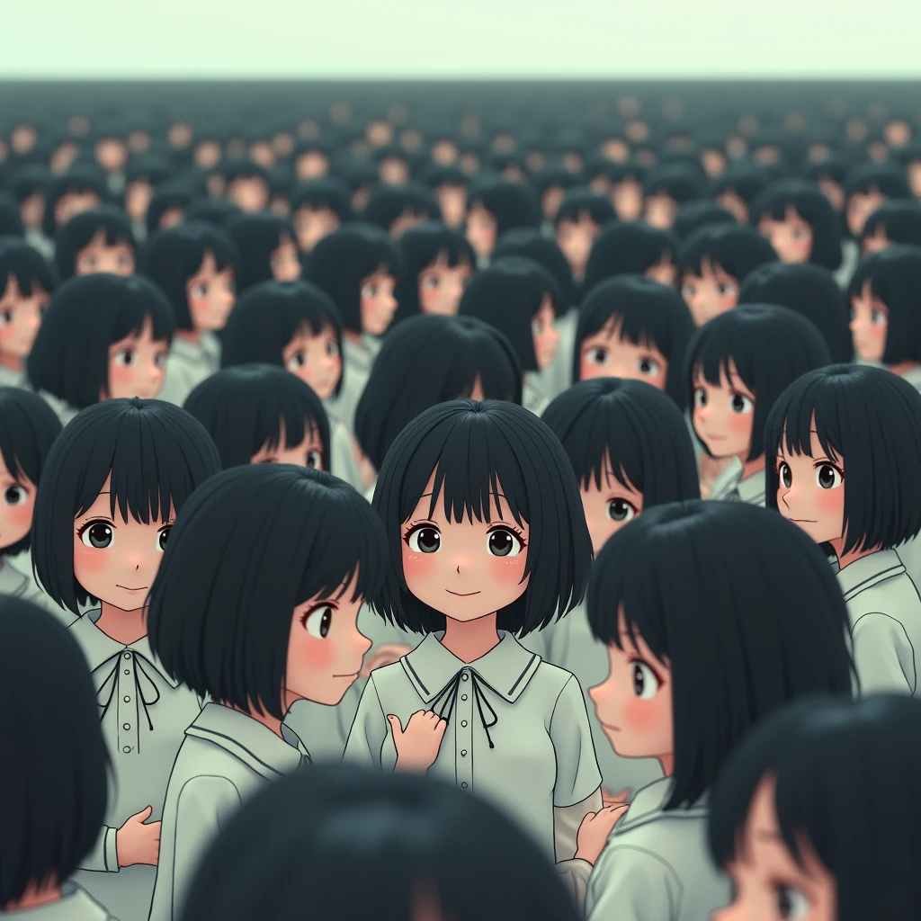 (((((Japanese Clone girls=Myself)))))), (((Best Super High quality Myself Clone girls Raw Photography Art))), (16K, Highest quality, Ultra-high resolution, RAW Photos), (((It&#39;s so unrealistic., With unparalleled depiction, With an unfathomable sight, An unprecedented and shocking worldview, Clone girls in a world of mass reproduction, Ultra-realistic))), (((Japanese, woman, 20yo, Saito-Asuka))), (Small face, ((Thick black hair, Semi-long hair))), ((V-neck short-sleeve dress)), (((((Very detailed美しい女体, Accurate body structure, Very detailed完璧な, Super busty body with very large breasts, Clearly emphasizes cleavage))))), (((Dark Eyes, Mature face, Cute Smile, A gentle gaze))), (((Her happy and smiling expression is so cute))), ((((((((Very detailed分身増殖描写, ((1girl→Myself cloning→1,000,000,000,000,000,000,000,000,000,000,000,000,000,000,000,000,000,000,000,000Myself Clone girls)))))))))), ((((((((Very detailed, The precise depiction of the proliferation of Myself Clone girls, ((With the perfectly identical bodies of Myself clone girls, With the exact same face as the Myself clone girls, With the exact same hairstyle as the Myself clone girls, In the exact same clothes as the girls who are my clones, Perfectly the same height as the Myself clone girls, Super big breasts, just like the Myself clone girls)))))))))), (((Myself clone girls only))), (((Multiple pairs, Very detailed depiction, (Myself clone girls hug each other, Myself clone girls assemble, Fun conversations with fellow Myself clone girls, A fun conversation between Myself clone girls, Myself clone girls holding hands, Walking with lots of Myself clone girls, turn around, look at me, The approaching crowd of Myself)))), (((Everyone looks at the camera))), (((Unbelievably crowded, Transcendent Myself clone girls intimately, Countless Myself clone girls surround you in 360 degrees))), (Bright, soft sunlight), (((Very wide field of view, Very detailed, Detailed ultra-perspective depiction with clear depth, super wide view))), (((((Where multiple Myself armies join together))))), (((Very photographic and detailed depiction, Myself clone girls will multiply infinitely and fill the surroundings from one side to the horizon with their bodies tightly packed together without any gaps., A scene of endless Myself clone girls, giving a happy vibe.))), (Focus on the average value of the image)