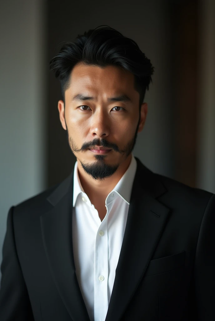 A beautfull asian man black suit white shirt medium beard