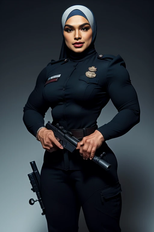 Photorealistic, high resolution, 1 malay woman in hijab, Solo, Hips up, Gaza background，view the viewer, (Detailed face), White hijab, SWAT vests, sniper rifle handle, Black military uniform, bulletproof vest, Holding an assault rifle, M16, Inside the city of Palestine, Very detailed, Perfect face, Black eye, jewelry, (full body view), Lifelike, masterpiece