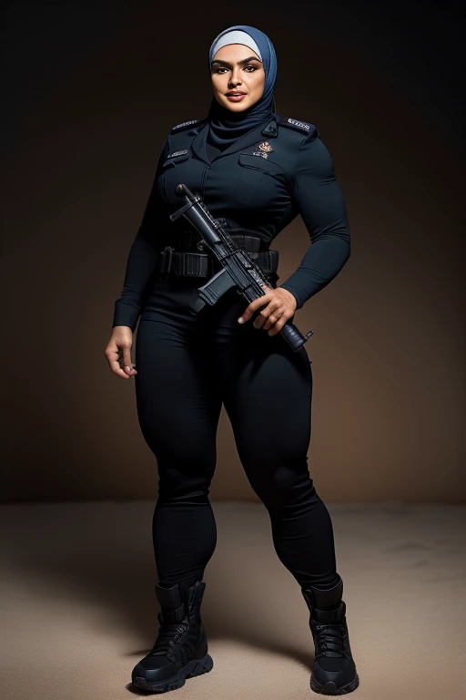 Photorealistic, high resolution, 1 malay woman in hijab, Solo, Hips up, Gaza background,view the viewer, (Detailed face), White hijab, SWAT vests, sniper rifle handle, Black military uniform, bulletproof vest, Holding an assault rifle, M16, Inside the city of Palestine, Very detailed, Perfect face, Black eye, jewelry, (full body view), Lifelike, masterpiece